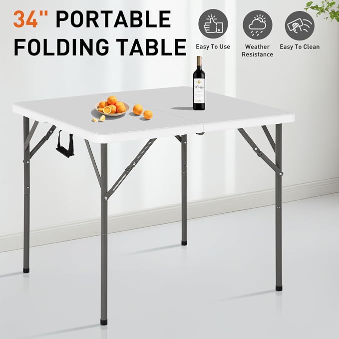 34 Inch Square Folding Table - Heavy Duty Portable Card Table for Indoor & Outdoor, Compact PVC Tabletop with Sturdy Metal Frame, Multi-Purpose for Dining, Parties, Backyard, Poolside, Balcony (White)
