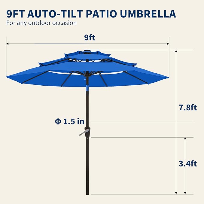 9FT 3 Tiers Patio Umbrella With Auto Tilt And Crank, Outdoor Table Market Umbrella with 8 Sturdy Ribs for Garden, Lawn, Deck, Backyard and Pool