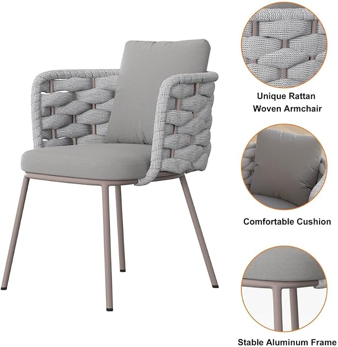 7-Piece Outdoor Dining Set - 70.9'' Sintered Stone Top Dining Table with 6 Rope Woven Armchairs, Aluminum Frame, and Cushions for Patio, Garden, and Outdoor Dining