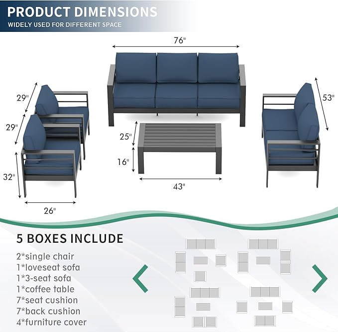 Amopatio Aluminum Patio Furniture, 8 Pieces Metal Outdoor Furniture Set, Modern Patio Sofa Sets Outdoor Sectional for Pool, Garden, Dark Grey&Blue (Included Waterproof Covers)