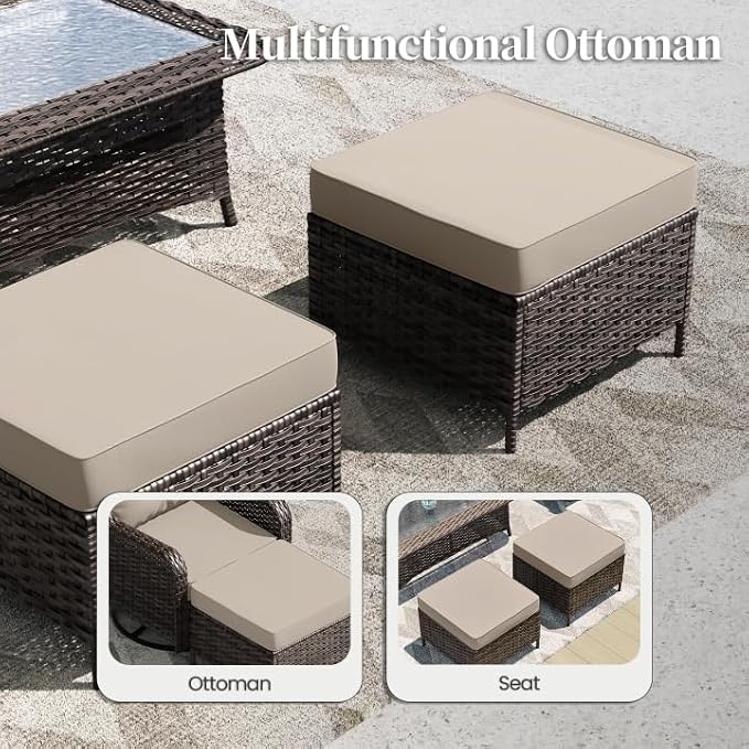 ALAULM 7 Pieces Patio Furniture Set,High Back Wicker Outdoor Sectional Furniture Set with Swivel Chairs & Coffee Table, Patio Conversation Set Thick Cushion for Backyard, Deck, Porch-Sand