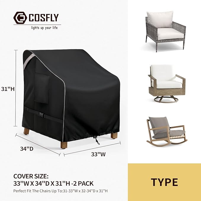 COSFLY Outdoor Patio Chair Covers Waterproof, Heavy-Duty UV-Resistant Furniture Covers, Adjustable Fit with Buckle Straps, Fits Chairs up to 33" W x 34" D x 31" H (2-Pack, Black)