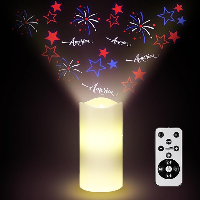 4th of July Flameless Candle Patriotic Projector Light 250th Anniversary Decoration LED Candle Battery Operated Night Light with Remote Timer Independence Day Memorial Red White Blue Table Decor