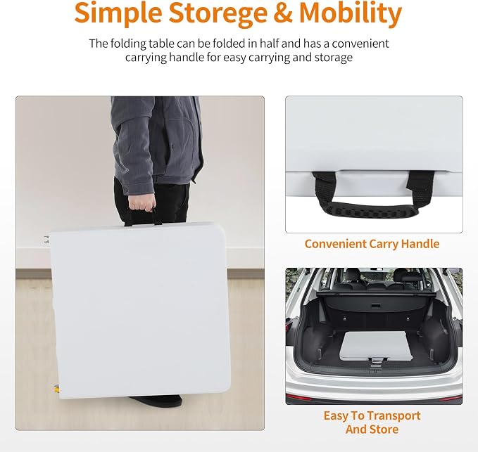 BestOffice Camping Folding 4 Foot Plastic Table, White