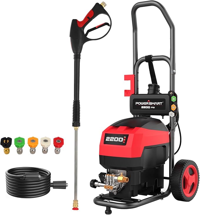 PowerSmart Electric Pressure Washer 1.2 GPM with Onboard Soap Tank, Metal Spray Wand, 5 Nozzle Set for Cars, Patio, Decks, and Fences (DB1001)