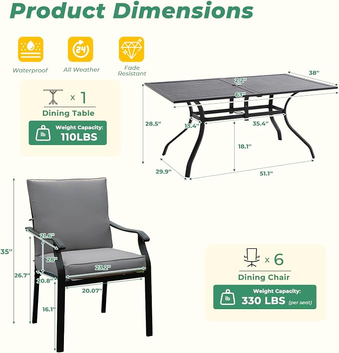 LVUYOYO 7-Piece Outdoor Patio Dining Set, Metal Stackable Chair & Rectangular Table Set, All-Weather Furniture for Backyard, Garden,Balcony,Porch (Gray)