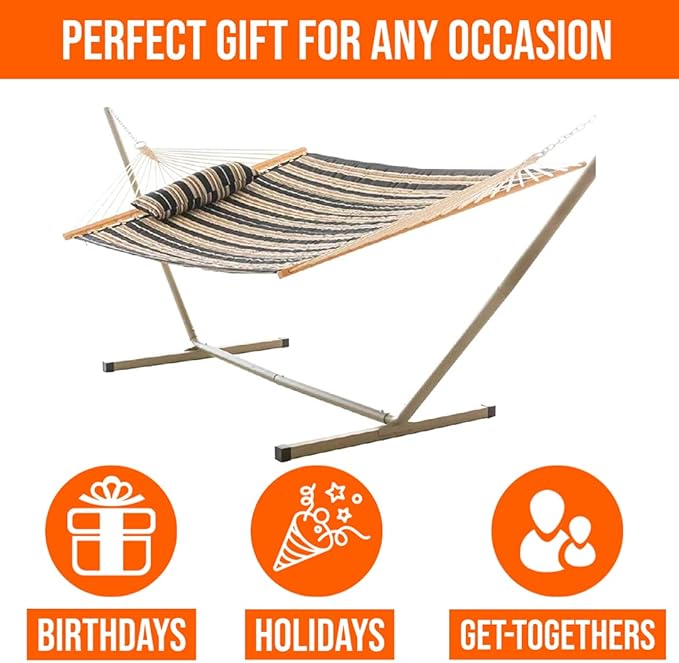Castaway Living Large 2-Person Quilted Hammock with Stand & Pillow – Beige & Black Stripe, 10 ft. L x 52 in. W, 350 lb Capacity, Weather-Resistant Polyester, Portable Space-Saving Frame