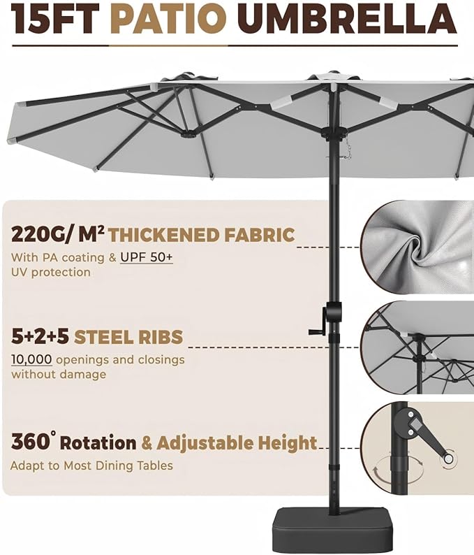 GDPFN 15FT Large Patio Umbrella with Base Included, Outdoor Deck Standing Umbrella with Crank Handle, Double-Side Rectangular Pool Umbrella for Outside, Market, Patio, Light Gray
