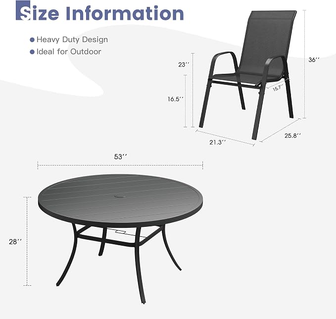 VICLLAX Round Patio Dining Set for 8, Metal Slatted Patio Table with Umbrella Hole and Stackable Patio Chairs for Deck Lawn Garden, Black Fabric and Black Tabletop