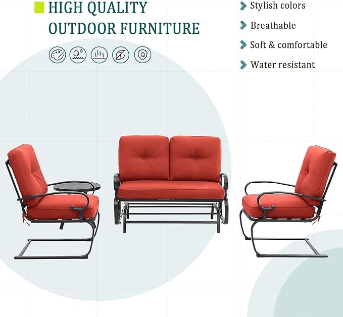 4 Pcs Outdoor Wrought Iron Furniture Patio Conversation Set with Glider Loveseat, 2 Spring Chairs, and Coffee Table (Red)