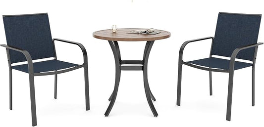 Anmutig Small Outdoor Patio Set with 27.5" Wood-Like Brown Round Table Top and 2 Navy Blue Stackable Dining Chairs