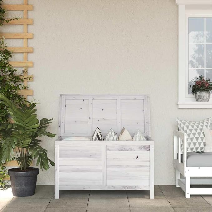Outdoor Garden Storage Box, 39 x 19.5 x 23 Inch Solid Fir Wood Deck Bin, Large Capacity Weather Resistant Patio Container for Cushions Tools Toys, White