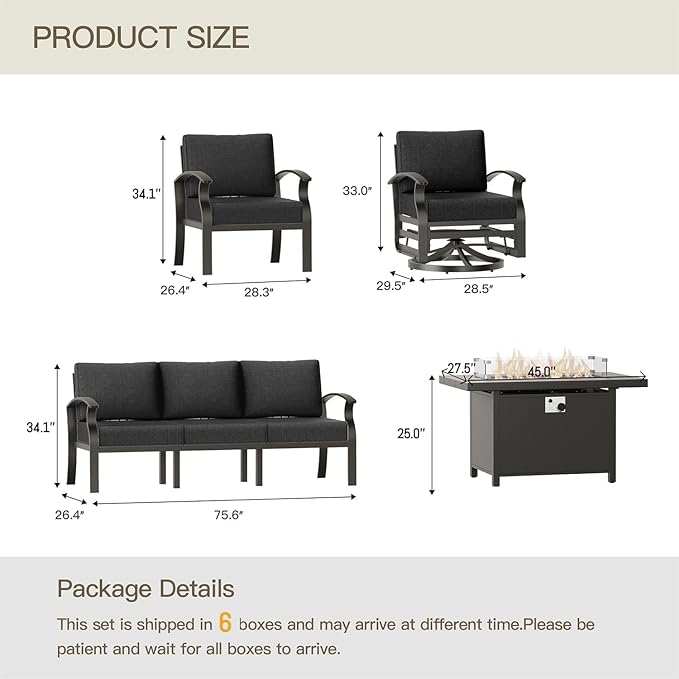 Aluminum Patio Furniture Set Patio Conversation Set,10 Seats Metal Modern Outdoor Furniture w/5.1" Cushions,Patio Sectional w/Swivel Chairs for Patio,Backyard,Dark Grey