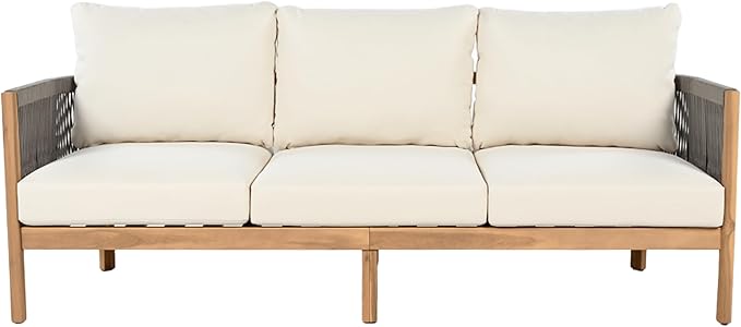 Christopher Knight Home Havets 5 Pieces Outdoor Acacia Furniture Set, Woven Rope Loveseat and Accent Club Chairs, 6" Thick Cushions Sofa and Coffee Table Set for Backyard Garden Balcony, Gray+Beige