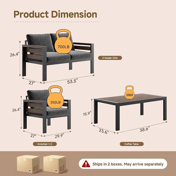 Outdoor Aluminum Patio Furniture Set, 4 Seat 4 Pieces Patio Conversation Sets with 28D Thick Washable Cushions and Coffee Table, Oversized Metal Sectional Sofa Set for Backyard Porch Deck Dalcony