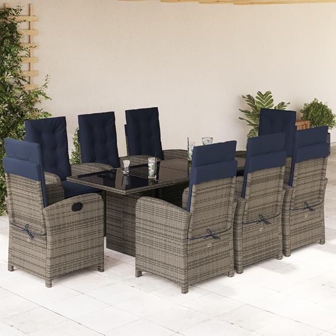 Backyard Furniture Patio Conversation Sets Outdoor Seating 9 Piece Patio Dining Set with Cushions Gray Poly Rattan Suitable for Gardens, Balconies, Decks