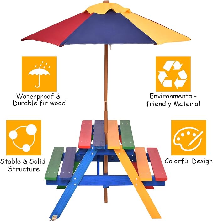 KOTEK Kids Picnic Table, Wooden Outdoor Table and Bench Set with Umbrella, Children Patio Furniture for Eating & Playing, Toddler Picnic Table for Backyard Garden, Gift for Boys Girls (Rainbow)
