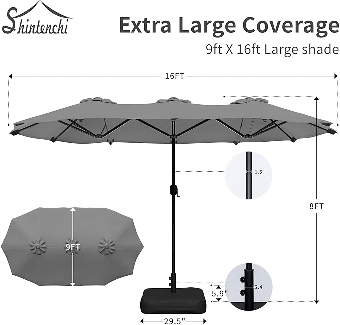Shintenchi 16FT Large Patio Umbrella with Base Included, Outdoor Double-Sided Rectangular Shade with Crank Handle for Poolside Lawn, Deck & Garden, Gray