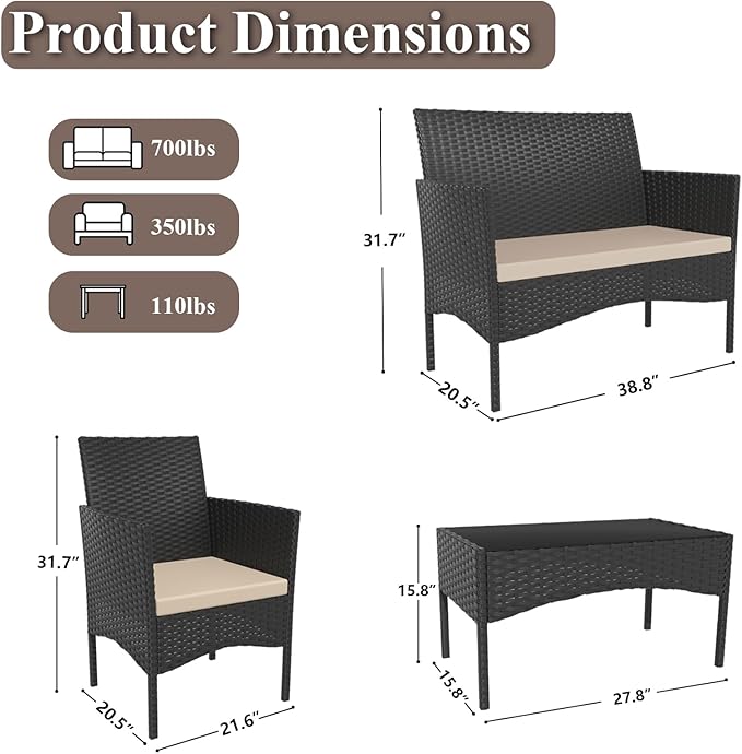 4 Piece Patio Rattan Conversation Set, Outdoor Rattan Chair Wicker Furniture Set, Couple Seats and Tempered Glass Table,Comfort Seat for Patio, Pool or Backyard