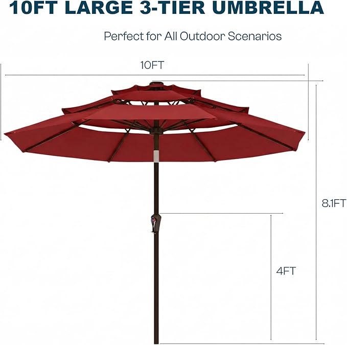 10ft Patio Umbrella, 3 Tier Outdoor Market Table Umbrellas with 8 Fiberglass Ribs and Push Button Tilt, Windproof, Vented Canopy, UV Protection for Deck, Pool, Backyard