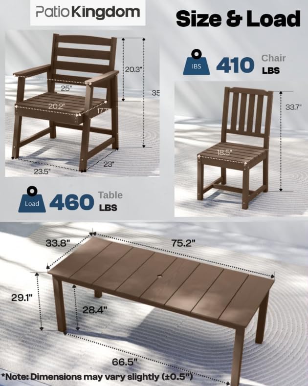 7-Piece Outdoor Dining Set with 75.2" Table for 6,Brown | HDPE material, umbrella hole design, weather-resistant furniture, perfect for garden, lawn, poolside, yard, balcony, deck