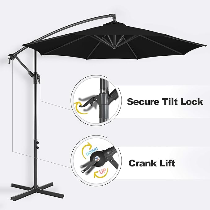 FLAME&SHADE 10ft Cantilever Patio Umbrella Outdoor, Large Offset Umbrella with Crank and Cross Base, UPF 50+ UV Protection Hanging Umbrella for Pool Deck Garden, Black