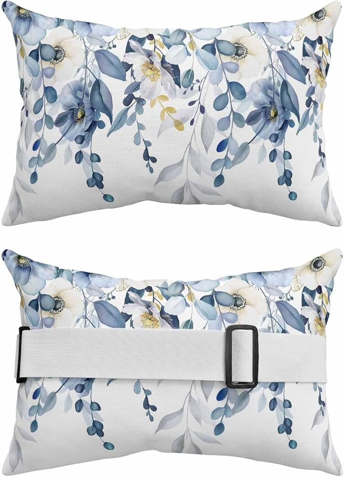 Outdoor Chair Pillow Headrest for Patio Pool Chaise Lounge, Blue Wild Flowers Recliner Head Pillow, Spring Watercolor Eucalyptus Leaves Floral Waterproof Pillowcases Lumbar Pillows & Insert 11x16x1