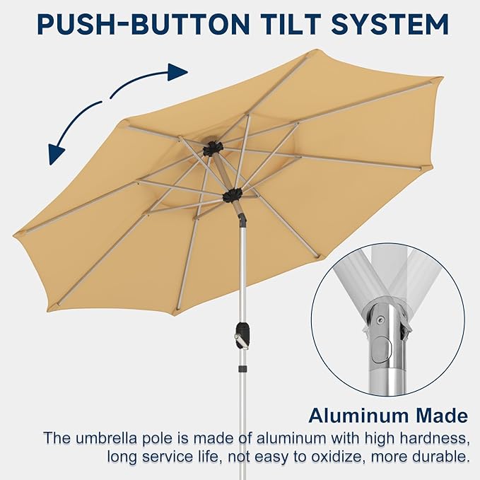 9FT 3-Tier Aluminum Outdoor Patio Umbrella, Fade-Resistant Market Umbrella with Push Button Tilt Function, 8 Sturdy All-Aluminum Ribs for Gardens, Patios, Backyards & Pools