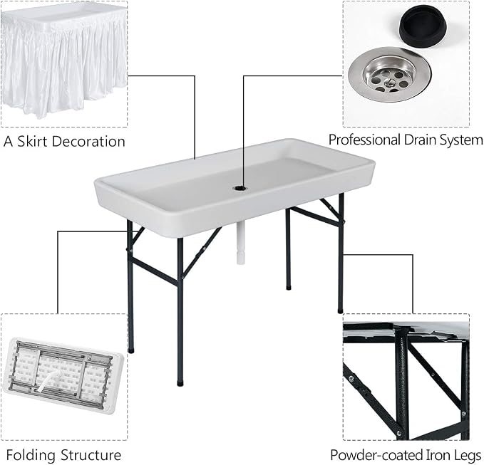 S AFSTAR 4 Foot Ice Cooler, Outdoor Buffet Cold Food Keeper w/Matching Skirt & Drain Plug, Portable Tailgate Camp Fishing Cleaning Table, Ice Bin Folding Chill Table for Party, Picnic, BBQ