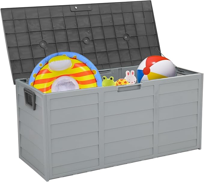 75 Gallon Plastic Deck Box with Wheels, Lockable Patio Outdoor Storage Box for Furniture, Garden Tools and Tools Storage, Waterproof Outside Storage Boxes - Large, Grey