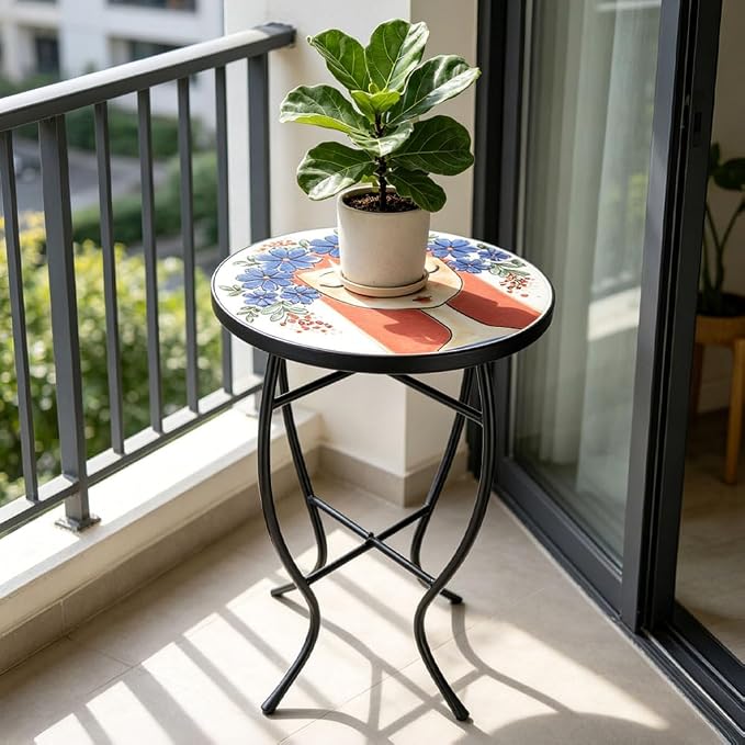 14 Inch Mosaic Patio Side Table with X-Curved Legs, Indoor Outdoor Accent Round End Table with Ceramic Tile Tops for Yard, Garden, Living Room, Bistro, C - Red Hair Girl