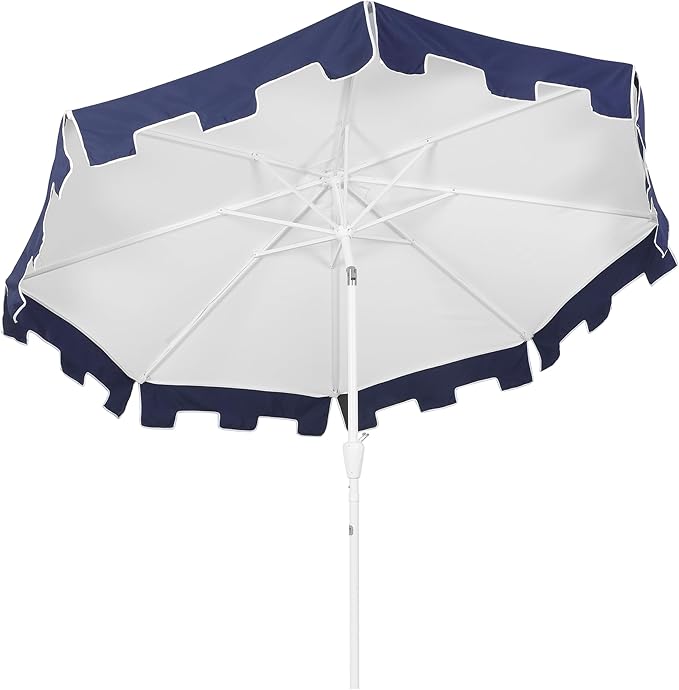 JONATHAN Y Baiona 9 ft. White/Navy Outdoor Patio Umbrella with Crank Lift and Tilt, 8 Ribs UV-Resistant Market Table Umbrella with Square Trim for Pool, Deck, Coastal, White Pole UMB1000A