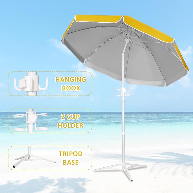 6.5ft Portable Beach Umbrellas for Sand Beach UV 50+ Umbrella with Tilt & Steel Pole, Protection with Heavy Duty Anchor, Patio Umbrella with Carry Bag