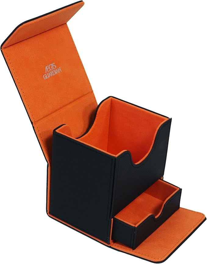 AEGIS GUARDIAN Card Deck Box with Dice Tray for MTG Cards, Commander Deck Box fit 150+ Sleeved Cards, PU Leather Card Storage Box Strong Magnet Deck Game Case for TCG CCG, Black and Orange