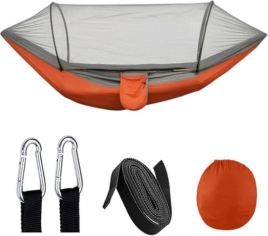 Heavy Duty Hammock with Mosquito Net–Canvas Hammock, Fade-Resistant Cotton Lounger, Roll-Free Comfort Design, Easy Setup for Backyard, Porch, Garden, Camping, Travel (Orange)