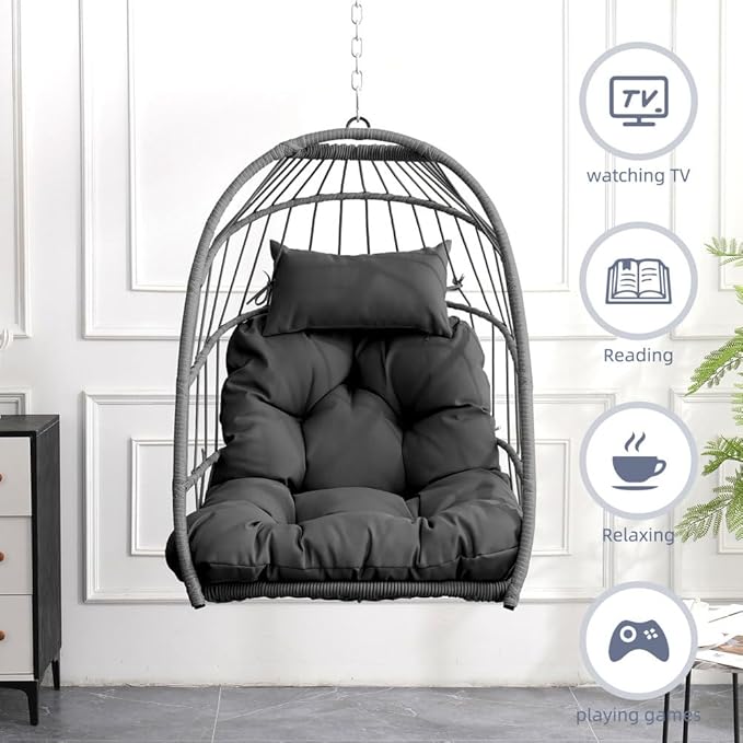 Hanging Egg Chair Without Stand – Foldable Rattan Wicker Swing Chair with Cushion & Headrest, 350lbs Capacity, Ceiling/Tree Mount Kit Included for Indoor Outdoor Use,Gray