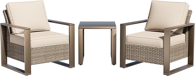 Outdoor Wicker Metal Chairs Set of 2 with Matching Side Table - 3 Pieces Patio Bistro Set with Removable Olefin Fabric Cushions & Rectangular Framed Wood-Looking Metal Armrest, Beige