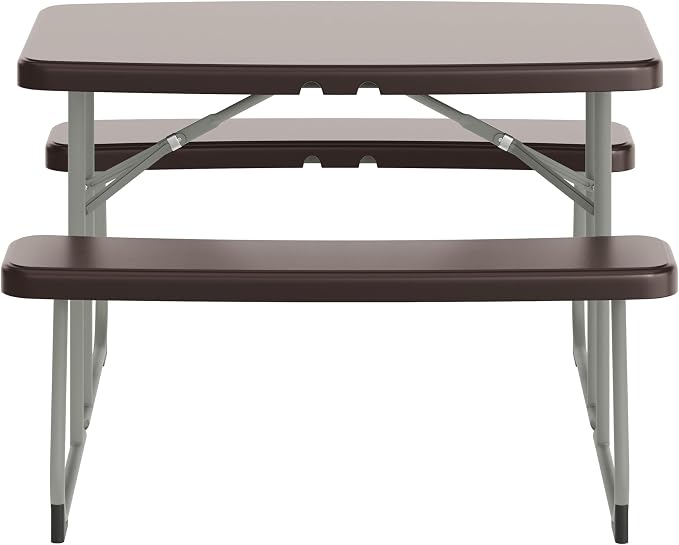 Flash Furniture Paige Easy-Fold Kids Outdoor Picnic Table and Benches - Commercial Grade Folding Plastic Play Table - Recommended for up to Age 5 - Brown