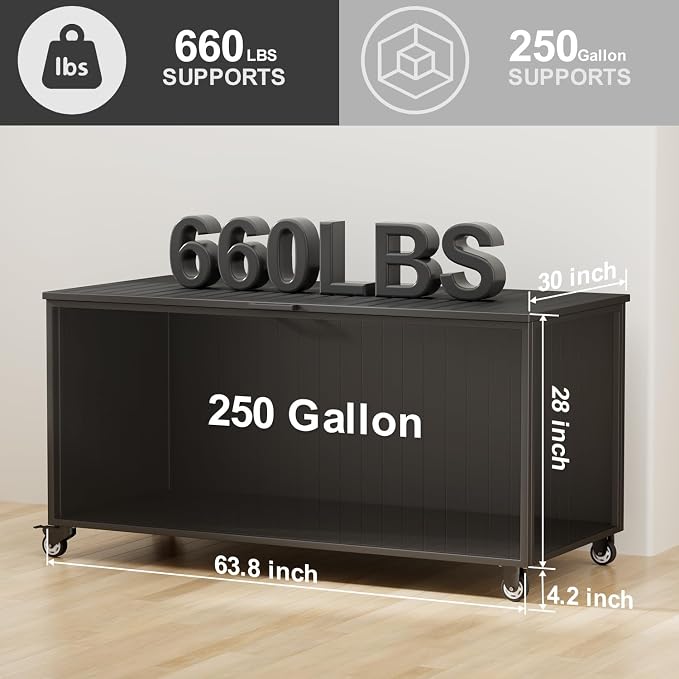 Outdoor Storage Box with Wheels 250 Gallon, Metal Deck Boxes Waterproof, UV Resistant Patio Storage Box with Lid for Patio Furniture, Garden Tools,Outdoor Cushion (Black)