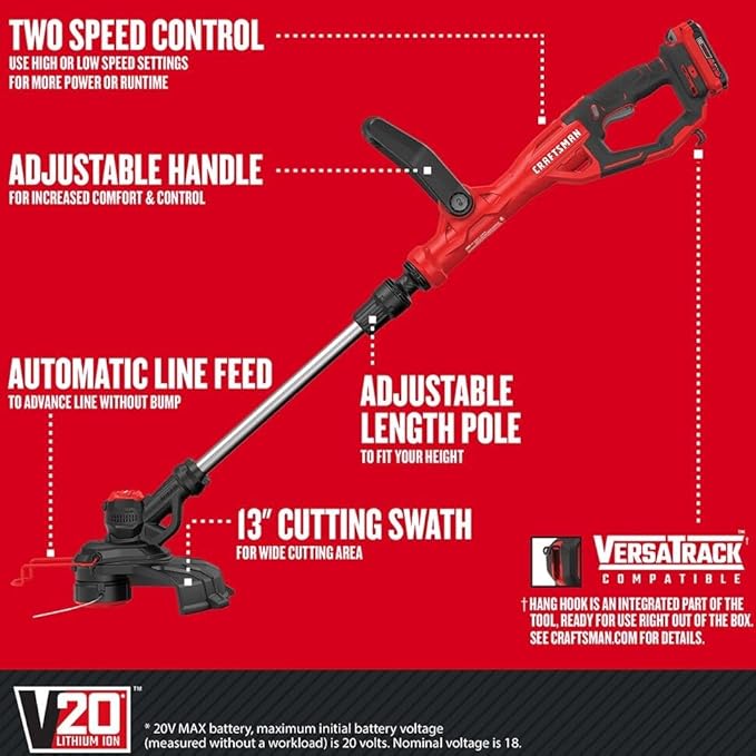 CRAFTSMAN V20 Weed Wacker Cordless String Trimmer and Edger, Weed Eater Includes 2.0 Ah Battery and Charger, Lightweight, Extended Runtime, 2 Speed (CMCST900D1)