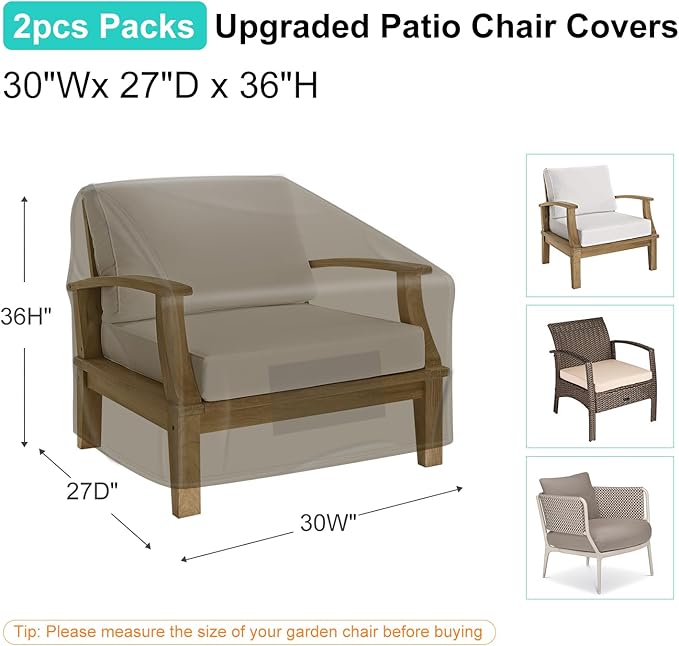 Patio Chair Covers for Outdoor Furniture Waterproof 2 Pack, Lawn Chair Covers 600D Heavy Duty Oxford Cloth, Large Covers for Lounge Lawn Deep Seat 30" W x 27" D x 36" H-Brown