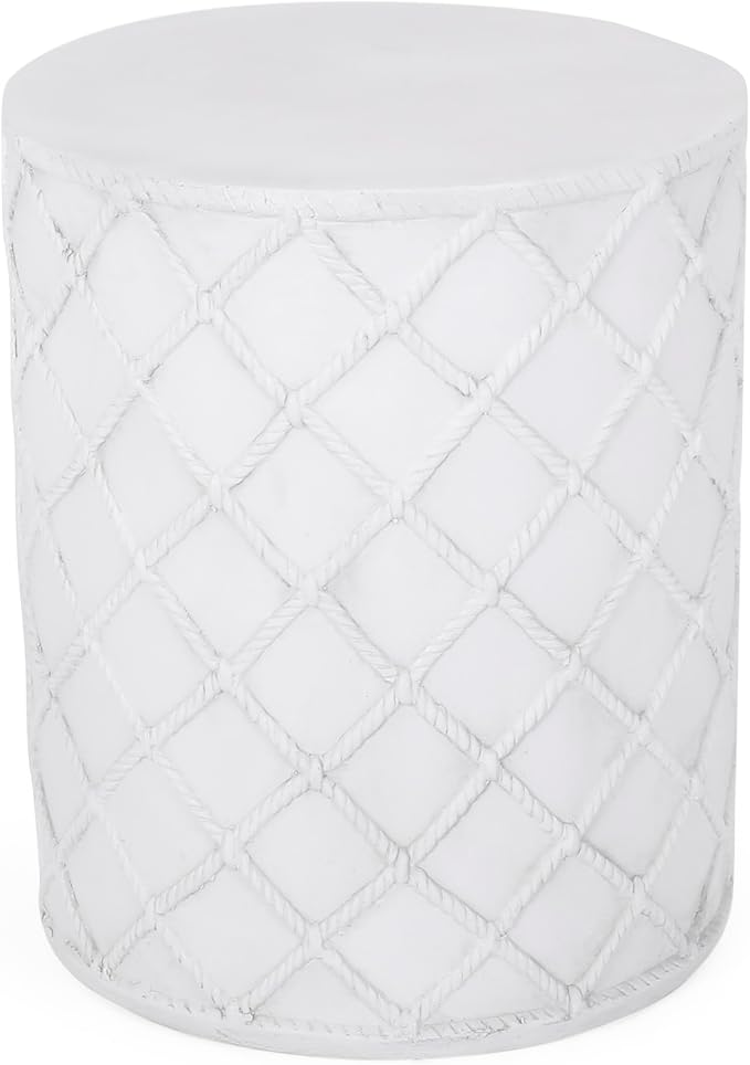 Outdoor Side Table 15.25" Cylindrical Shape Lightweight Concrete-Look Outdoor Indoor Accent Table Decorative Garden Stools, for Patio Porch Living Room, White