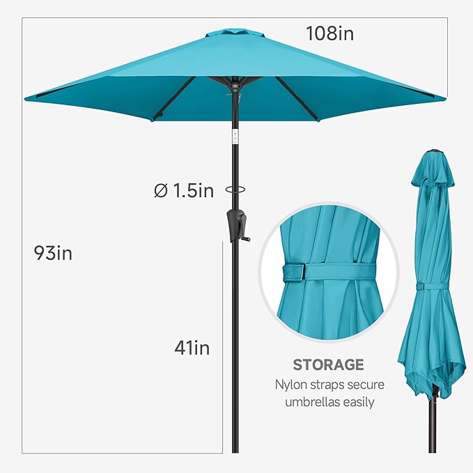 FLAME&SHADE 9ft Patio Umbrella Outdoor - Table Umbrella with Push Button Tilt and Crank, UV Protection, 6 Sturdy Ribs, Market Umbrella for Garden, Deck, Backyard, Lawn, Pool and Beach(Aqua Blue)