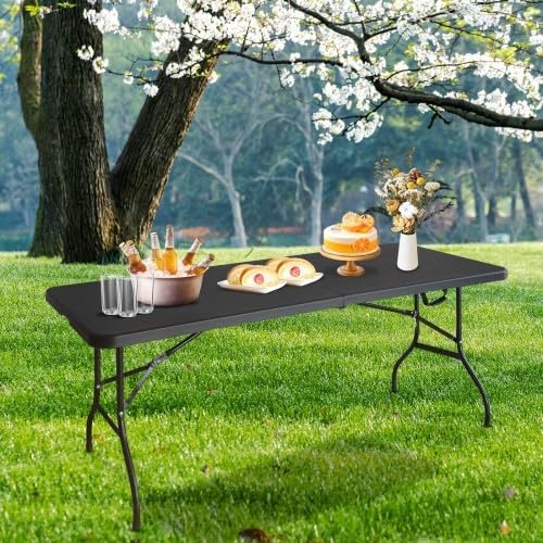 IDEALHOUSE 6 Ft Plastic Folding Table, Portable Fold-in-Half Table with Iron Legs, Carrying Handle, Outdoor Rectangular Fold Out Table for Dining, Picnic, Party, Camping, Barbecues, Black