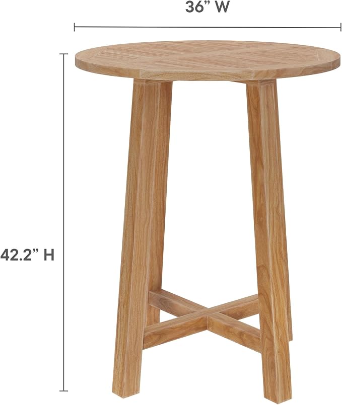 Modway Wellspring Outdoor Round Teak Wood Bar Table in Natural