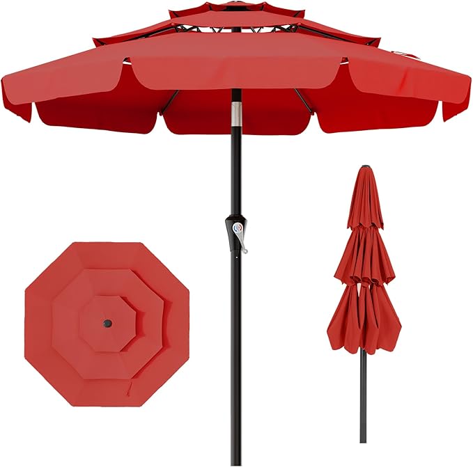 AreShark 9FT 3-Tiers Patio Umbrella with Valance, Outdoor Umbrellas with Crank/Tilt, Table Market Umbrella Vented w/ 8 Sturdy Ribs for Garden, Deck, Backyard, and Pool, Red