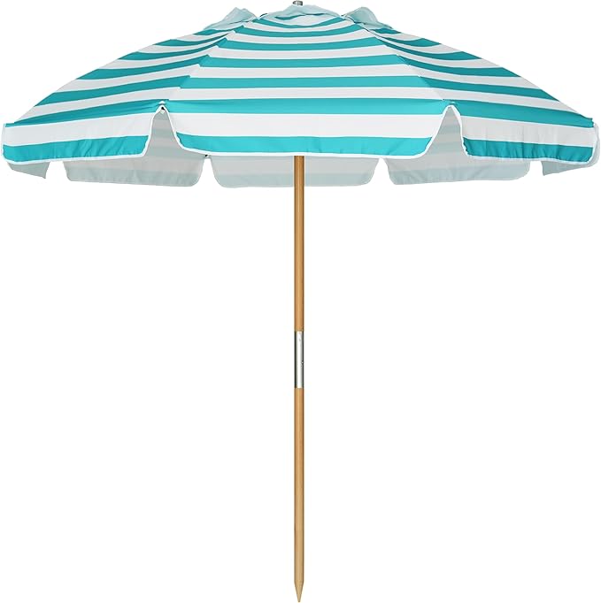 AMMSUN 7.5ft Heavy Duty HIGH Wind Beach Umbrella Commercial Grade Patio Beach Umbrella with Air Vent Ash Wood Pole & Carry Bag Turquoise White