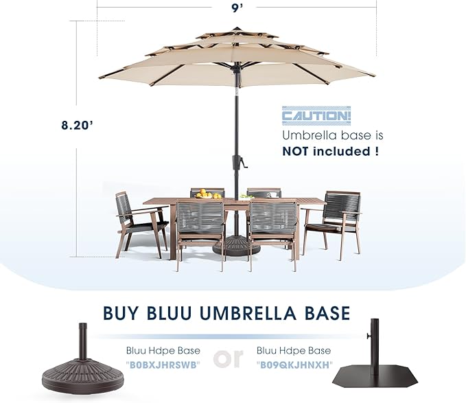 BLUU MAPLE Olefin 9 FT 3 Tier Patio Market Umbrella, 3-year Color Fastness Olefin Canopy, Outdoor Table Umbrellas with 8 Strudy Ribs & Push Button Tilt for Lawn, Deck, Backyard & Pool (Beige)