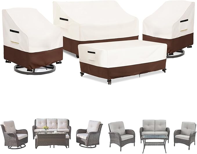Patio Furniture Covers 4 Piece Set, 600D Heavy Duty Outdoor Furniture Covers Waterproof for Patio 3-Seater Sofa,Swivel Rocker Chair and Coffee Table Furniture Set,Beige & Brown