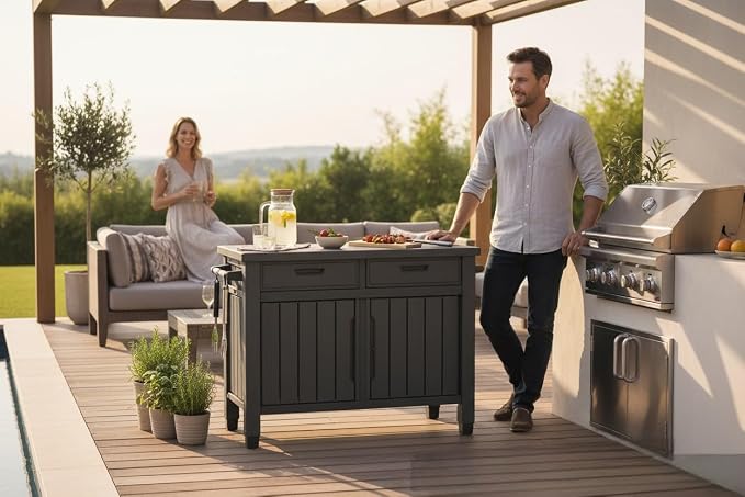 Generic Enhance Your Outdoor Space with The Outdoor Grill Table with Storage Cabinet in Graphite Gray. Perfect for Grilling, Entertaining, and Storage Needs, X-Large